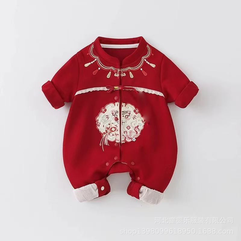 Spring & fall festive men's and women's 100-day first birthday khaki baby clothes chinoiserie formal wear one-piece baby onesie super