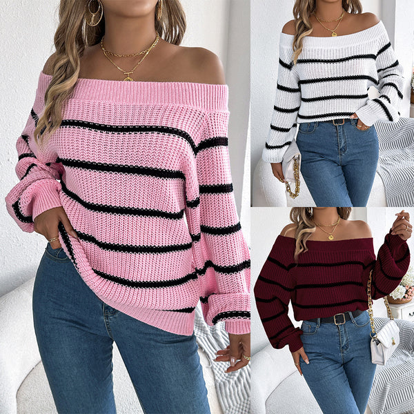 Real shot 2025 autumn and winter casual striped off-the-shoulder lantern sleeve pullover sweater, independent station  European and American women's clothing