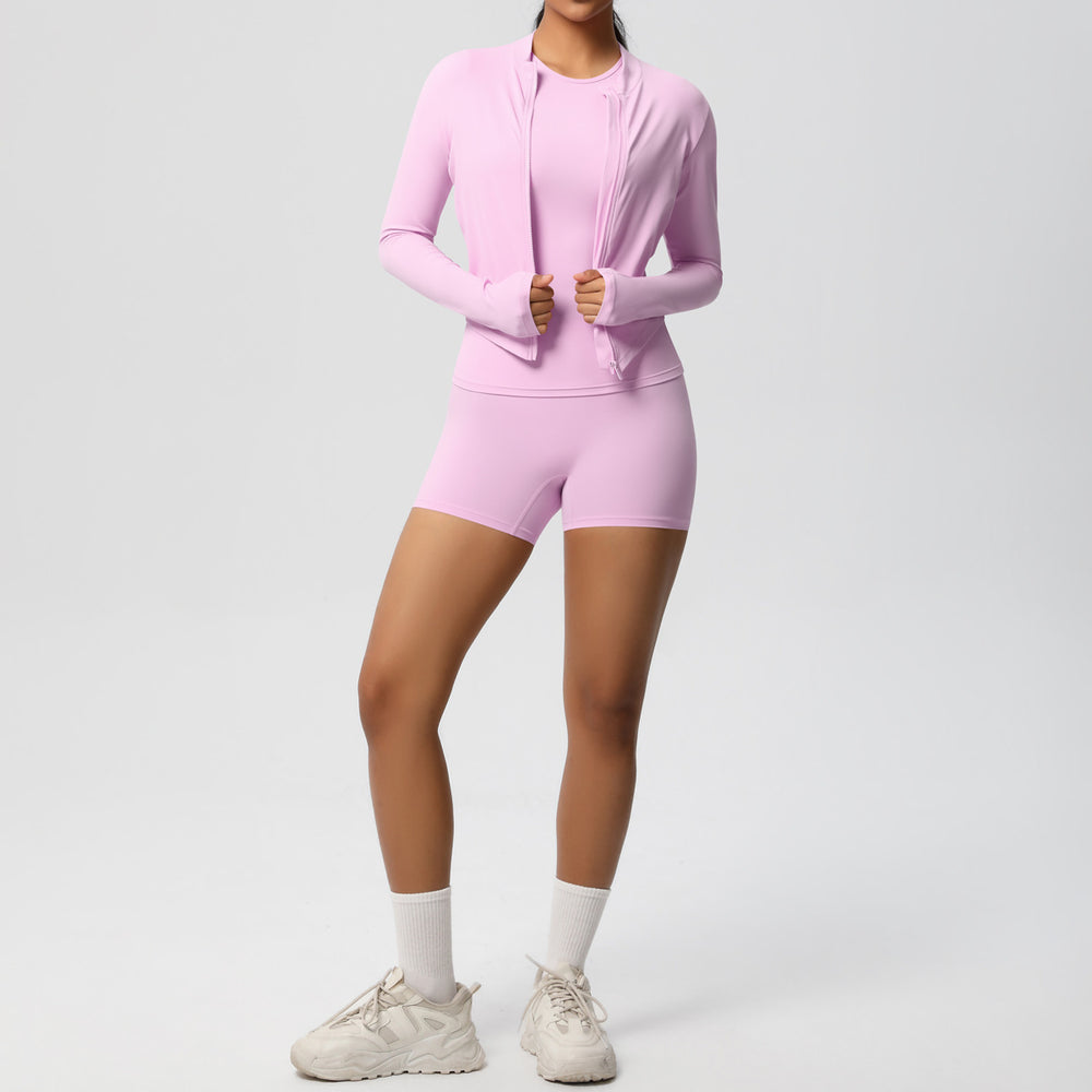 new breathable brushed fleece long-sleeve workout set - solid color three-piece gym outfit for women