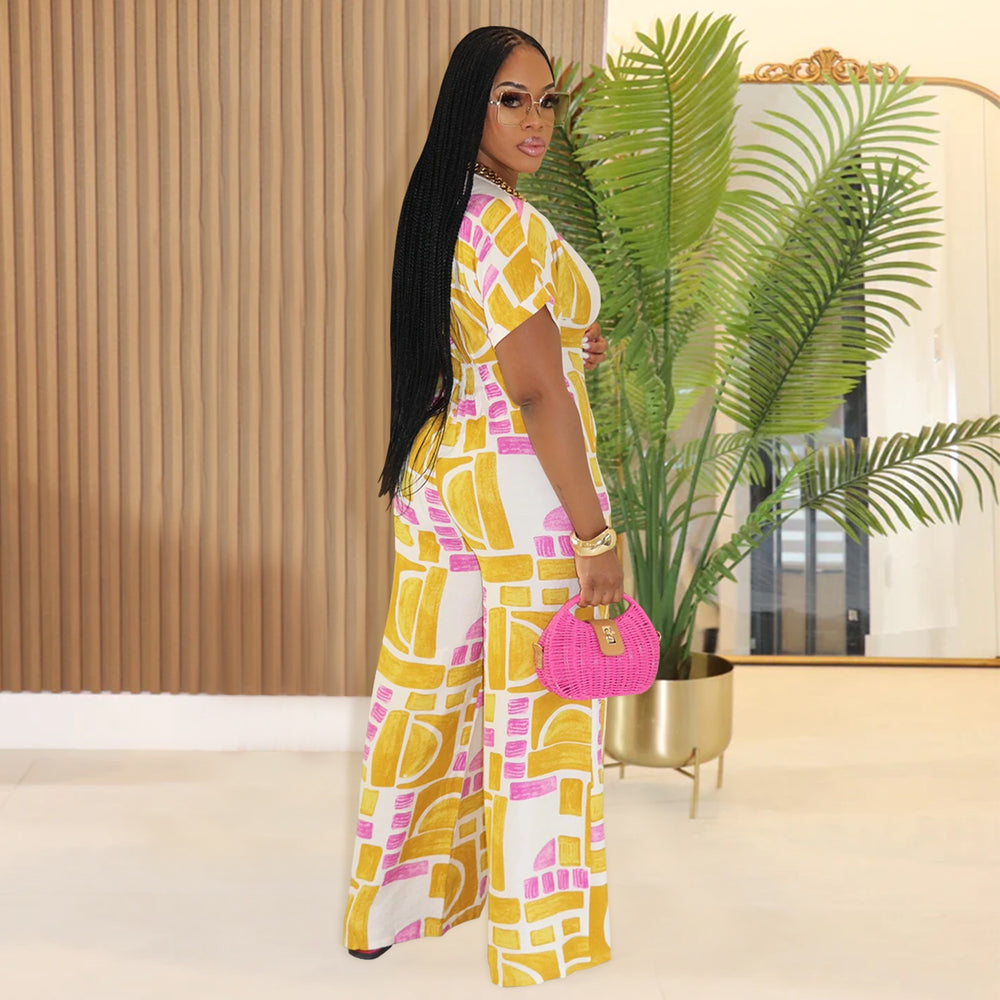 C7468 cross-border   fashion women's summer casual printed short-sleeve jumpsuit