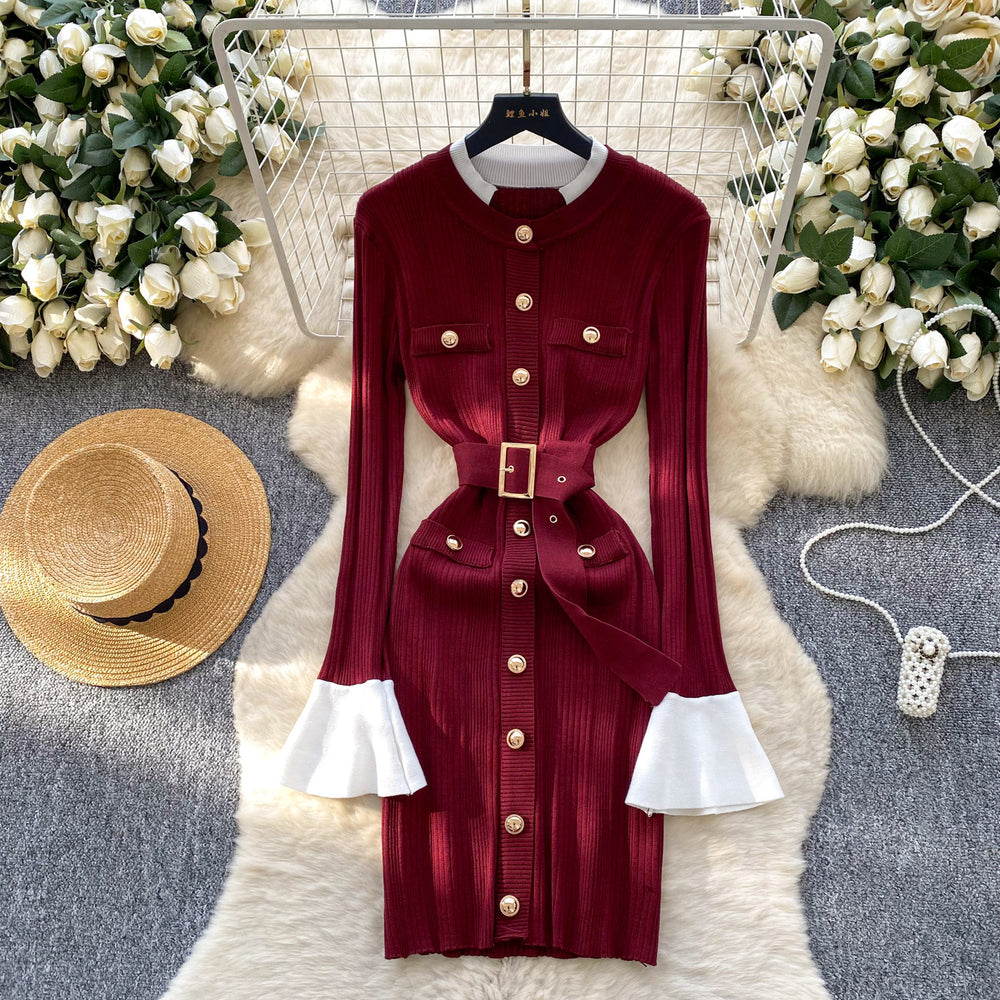 French chic, high-end, color block knit dress with metal buckle tie waist – perfect for autumn and winter