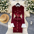 French chic, high-end, color block knit dress with metal buckle tie waist – perfect for autumn and winter