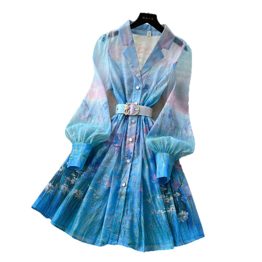 French romantic gradient print dress - women's summer long sleeve single-breasted cinched waist tie elegant maxi dress