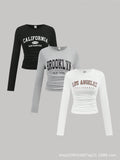 American retro letter print long sleeve t-shirt - women's cinched waist cropped bodycon top
