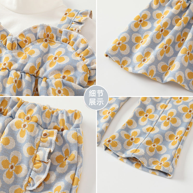 Girls' fall/winter outfit set : stylish yellow floral short-sleeve three-piece set for toddlers
