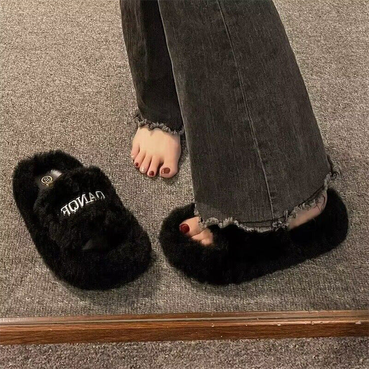 Thick sole heightened fur slippers women's outwear slippers thick sole 2024fall and winter new arrival wool stacked home stuffed slippers
