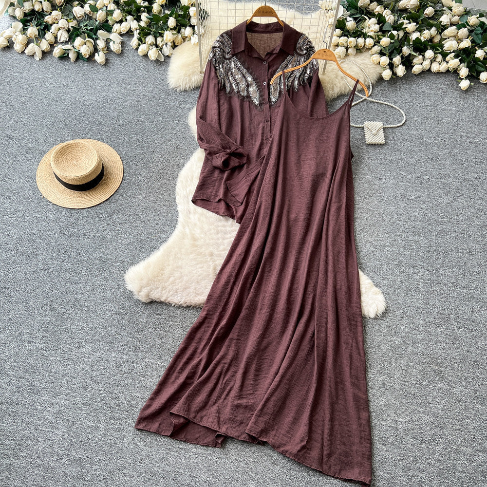 French lazy style heavy industry embroidered beaded lapel shirt suspender dress for women 2026autumtwo-piece setelegantslimming look