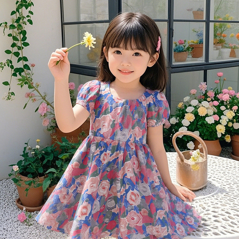 Girls' summer floral dress - trendy bubble sleeve sundress for kids - stylish cartoon print dress