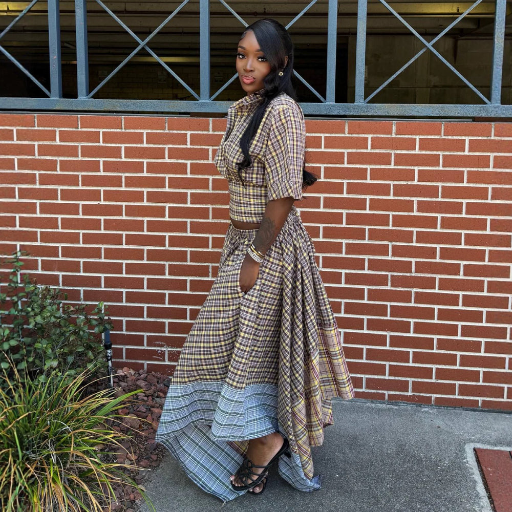 European and american cross-border women's fashion:  summer new collection - stylish turn-down collar plaid cropped shirt and asymmetrical midi skirt set