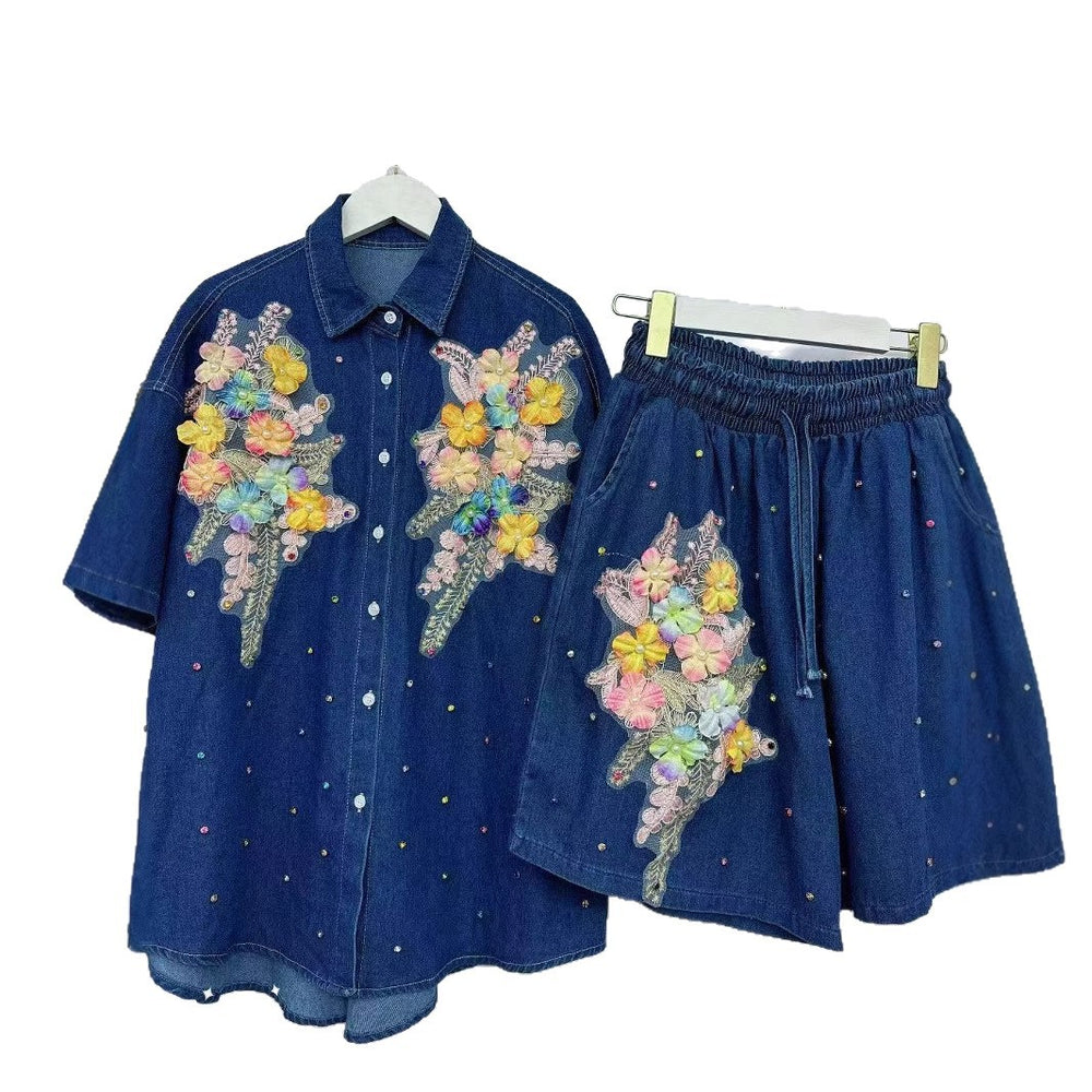 new european style heavy-duty denim set for women: designer cardigan and shorts, unique, fashionable, and relaxed fit two-piece outfit