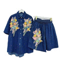 new european style heavy-duty denim set for women: designer cardigan and shorts, unique, fashionable, and relaxed fit two-piece outfit