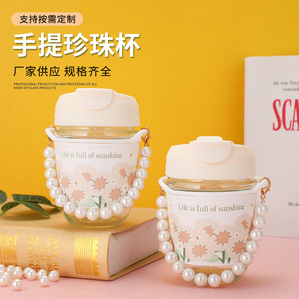 Glass Straw Cup Portable Pearl Cup Girls Coffee Cup Juice Drink Cup Tulip Cup Large Capacity