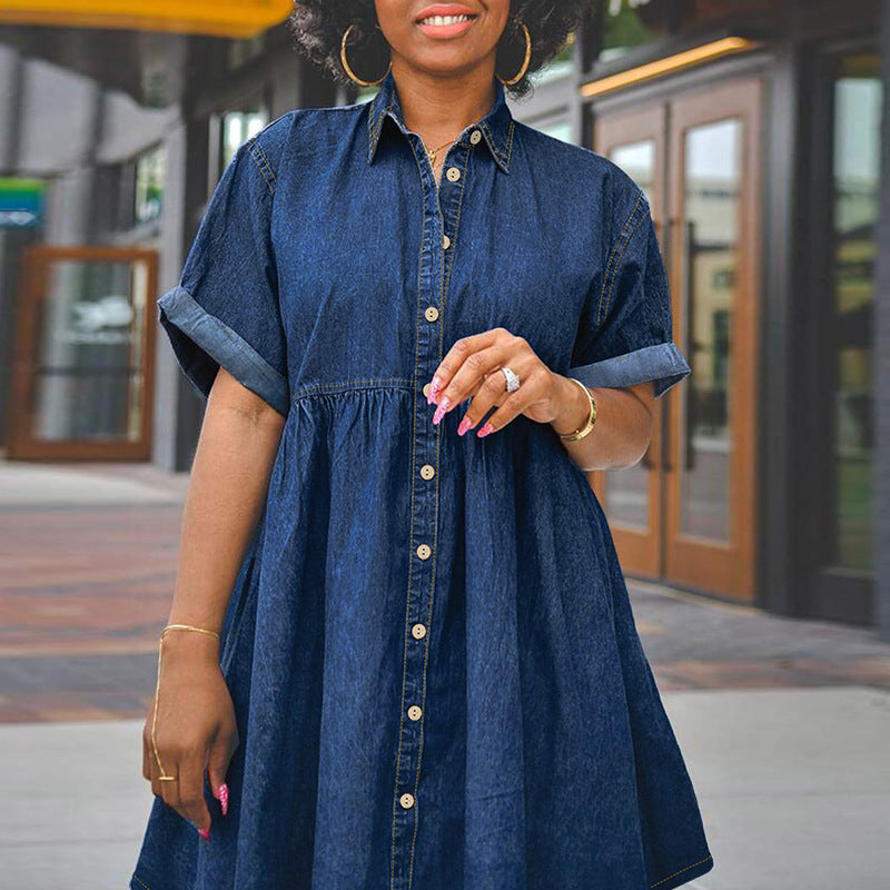 Summer  cross-border plus size women's fashion: european and american street style new trendy denim short-sleeve slim-fit dress