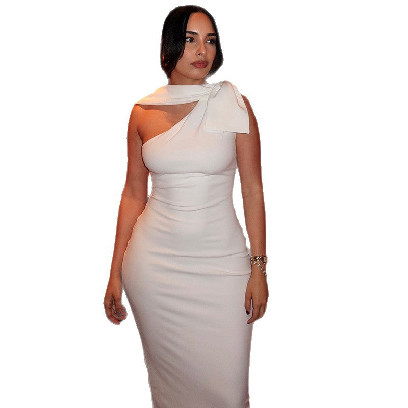 Fashion styleexportpure color women's clothing waist slimming lookelegant hip skirt oblique collar sleeveless asymmetrical longdress