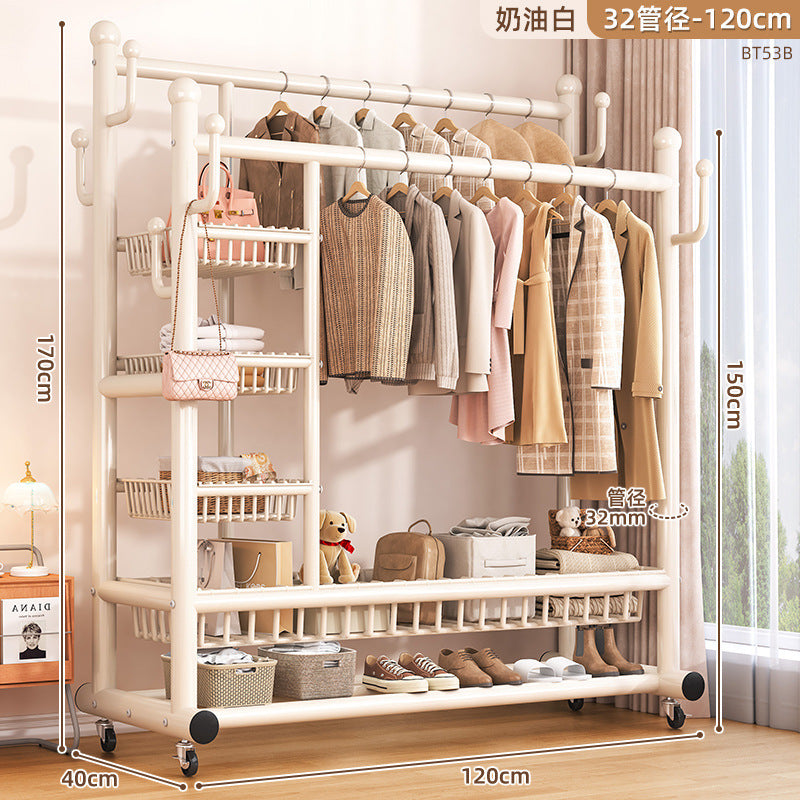 Clothes rack floor-standing bedroom for home double-pole clothes drying rack movable clothes rack indoor clothes storage coat rack