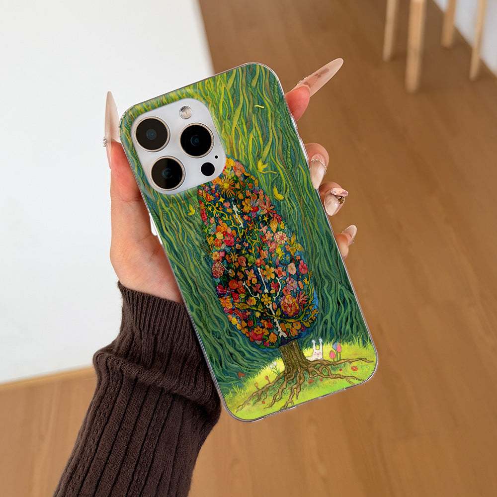 "instagram-worthy forest-themed healing illustration phone case, compatible with iphone 17 pro max, iphone 16/15, and iphone 13. drop-proof hard case."