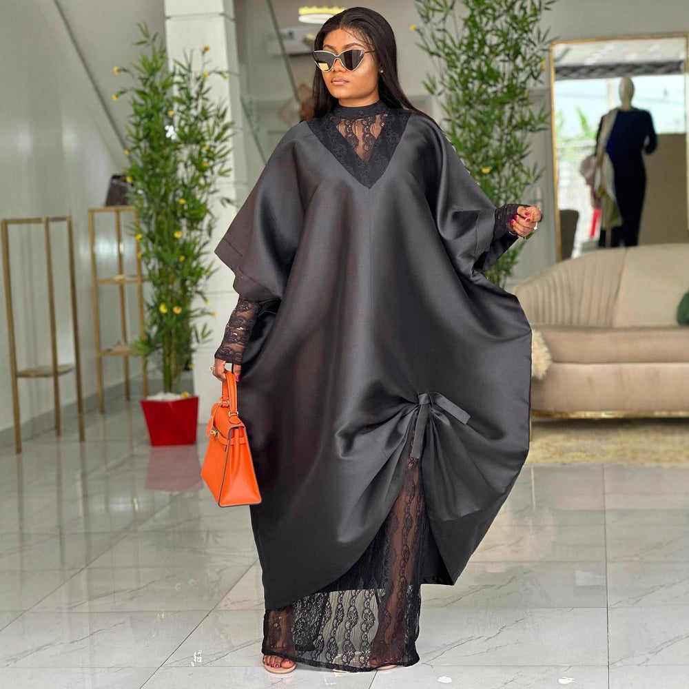African loose robe dress suit lacedress lined with v neck bat sleeve large swing skirt bubu dress