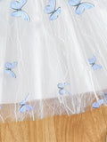 girls' summer dress with flutter sleeves, butterfly print, white and blue color block, and a flowy tulle skirt - princess style for kids