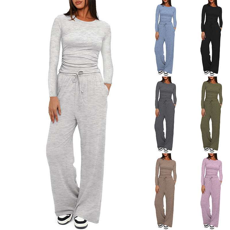 cross-border fashion  new product pure color casuallong sleevessuittopshigh waistloose pants sportswear