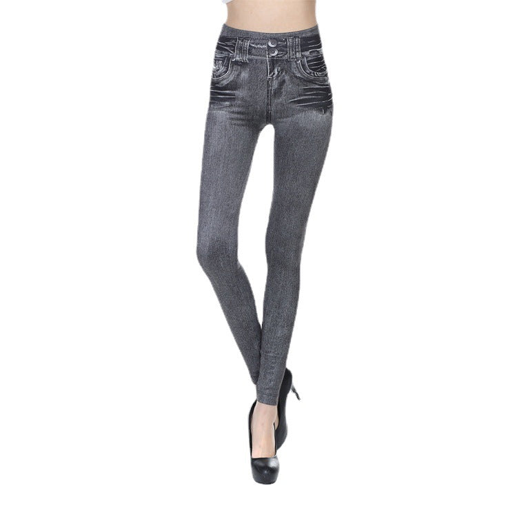 in-stock cross-border 140# 3-color outerwear faux denim faux pocket leggings knitted women's yoga pants