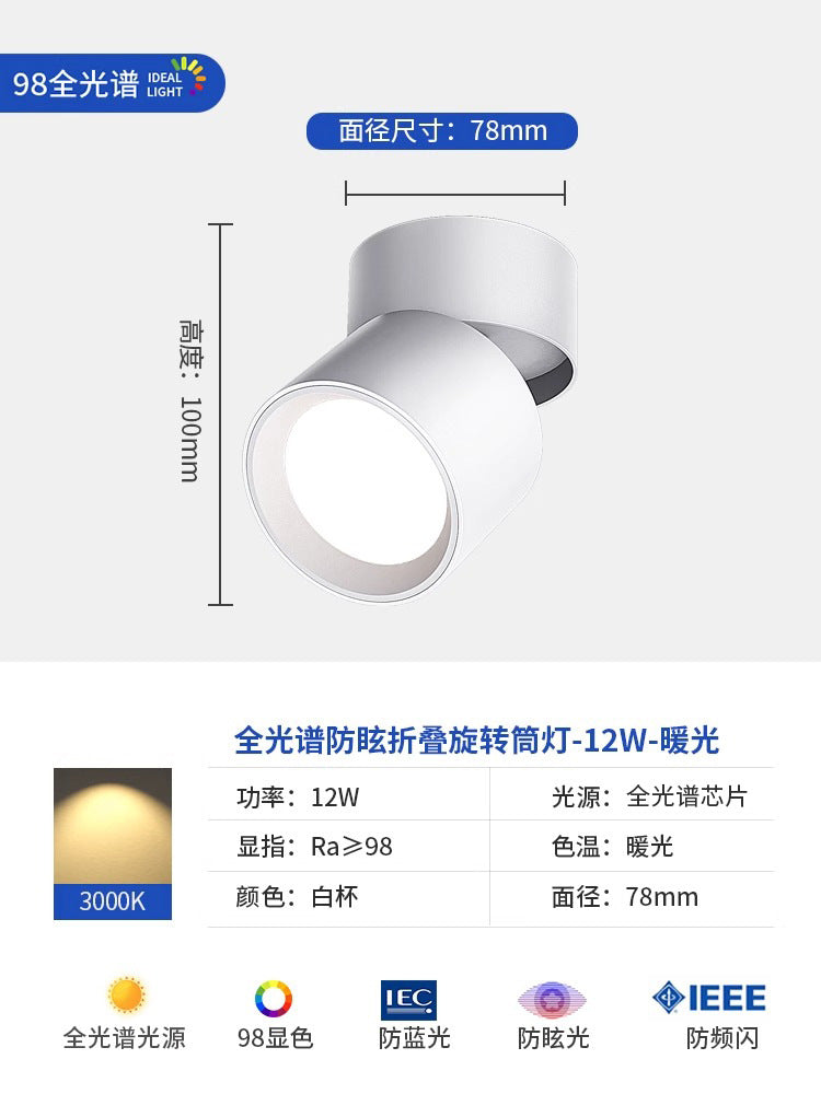 Full spectrum surface mounted downlight spotlight - no drilling, adjustable angle, bedroom ceiling light, folding hallway light, small light for home entrance