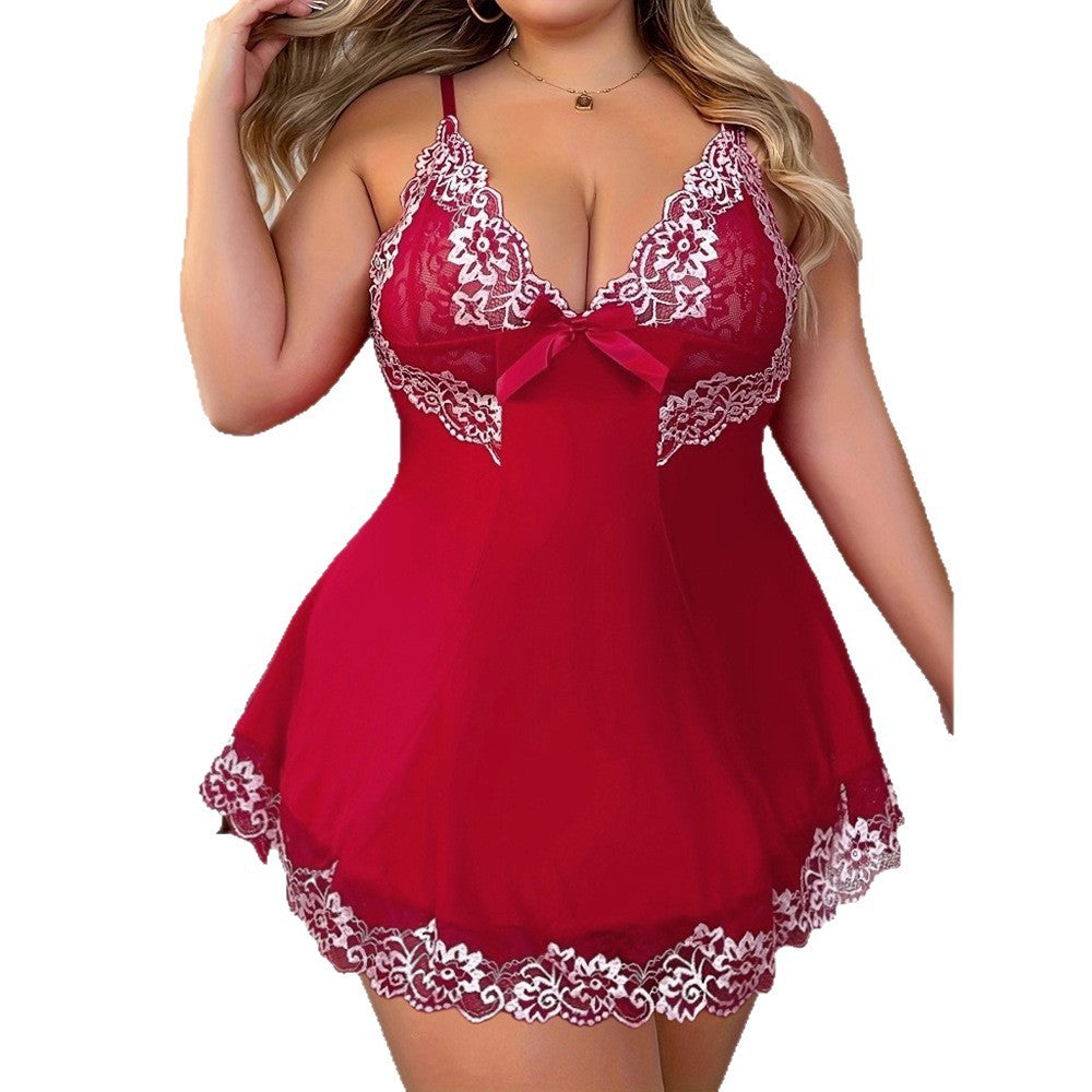 European and american hot-selling plus size lingerie: lace-trimmed see-through sexy nightgown, mesh suspender nightdress d254