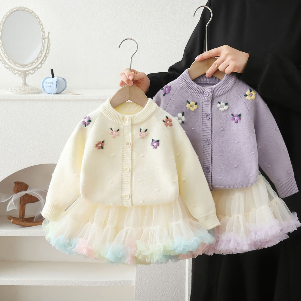 Girls' cardigan sweater princess dress two-piece set with embroidered floral tutu skirt - korean style knitted outfit for baby girls