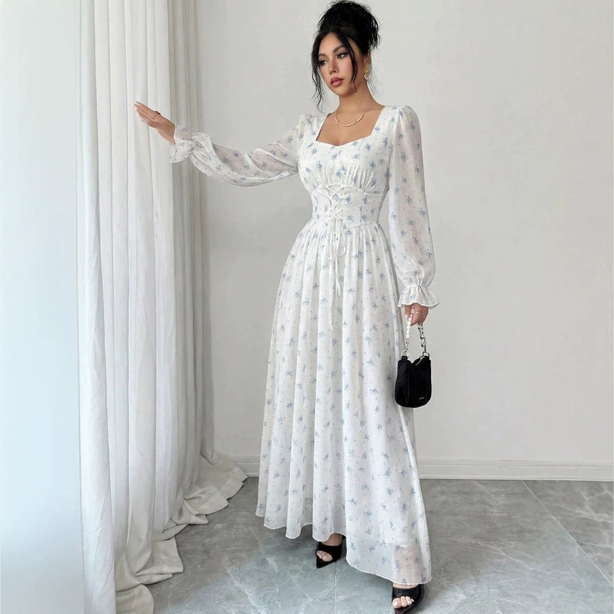 European and american cross-border  gentle style white background blue floral long dress with square neck and puff sleeves - korean style outfit