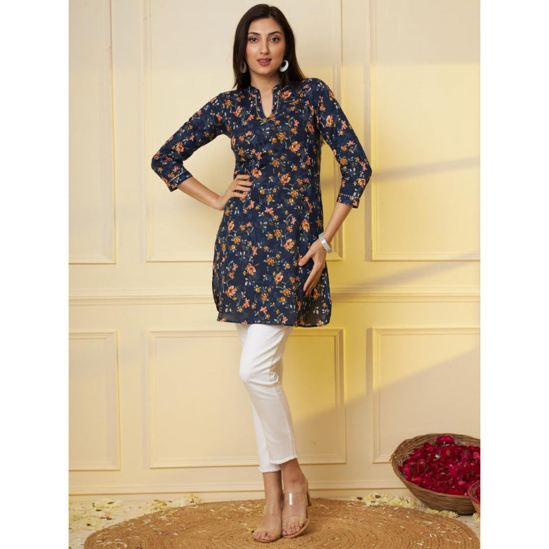 summer new  navy blue floral print dress - women's slimming v-neck mini dress