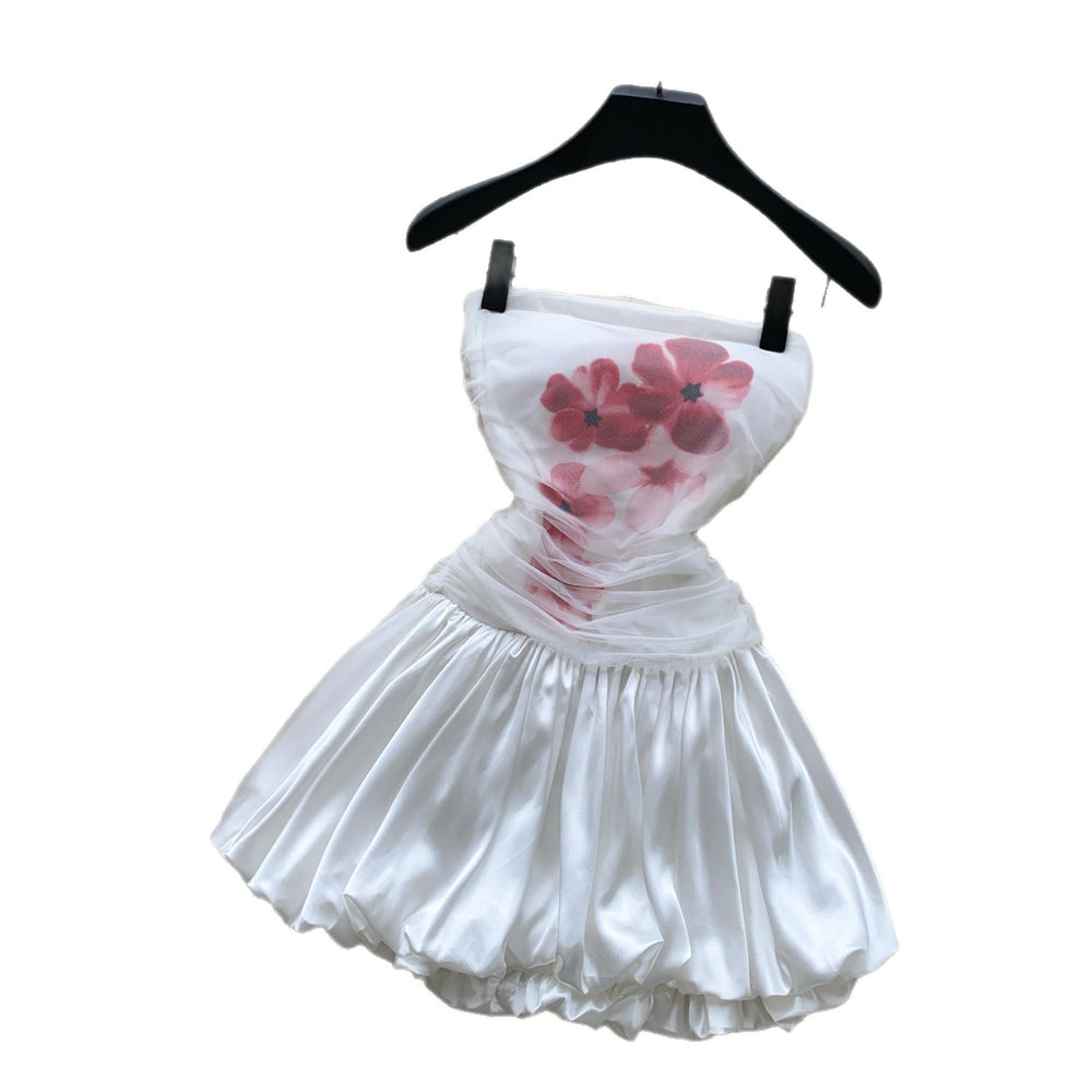Sweet girly print bandeau dress - women's summer korean style high waist slimming flared tulip skirt - white