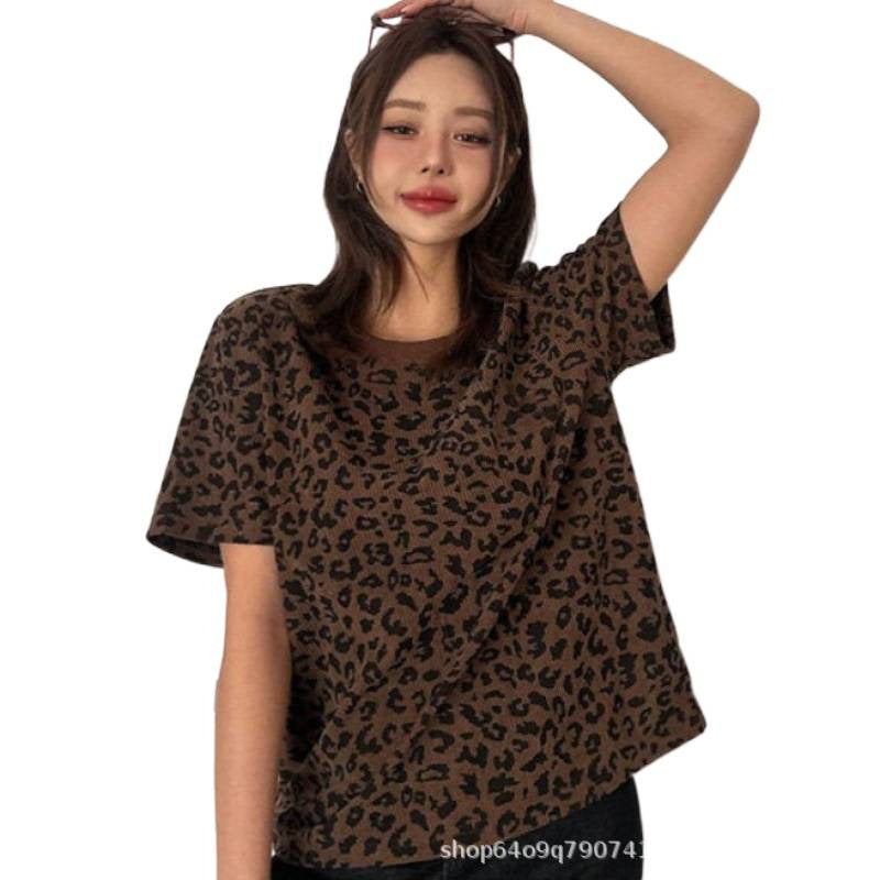 summer y2k leopard print crew neck short sleeve top - women's slim fit sexy beauty loose casual slimming t-shirt