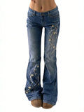 Fashionjeans women's low-waist plum blossom embroider micro-flared jeans black and gray washed silmslimming lookmoppants