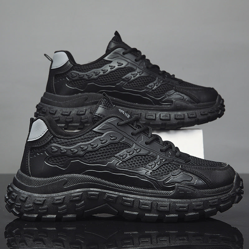 Men's winter work shoes: breathable, wear-resistant, anti-slip, tire tread sole, black athletic style, height increasing, trendy dad shoes