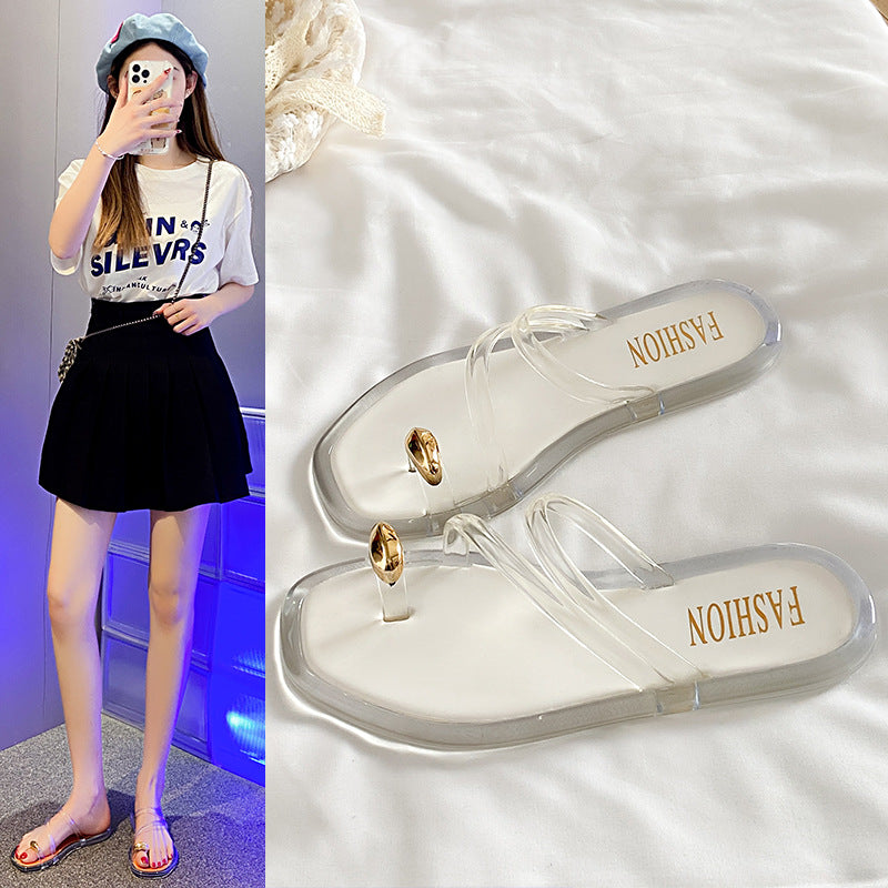 New gold buckle crystal thong sandals - women's summer outdoor wear, trendy, versatile, and non-slip crystal jelly slippers