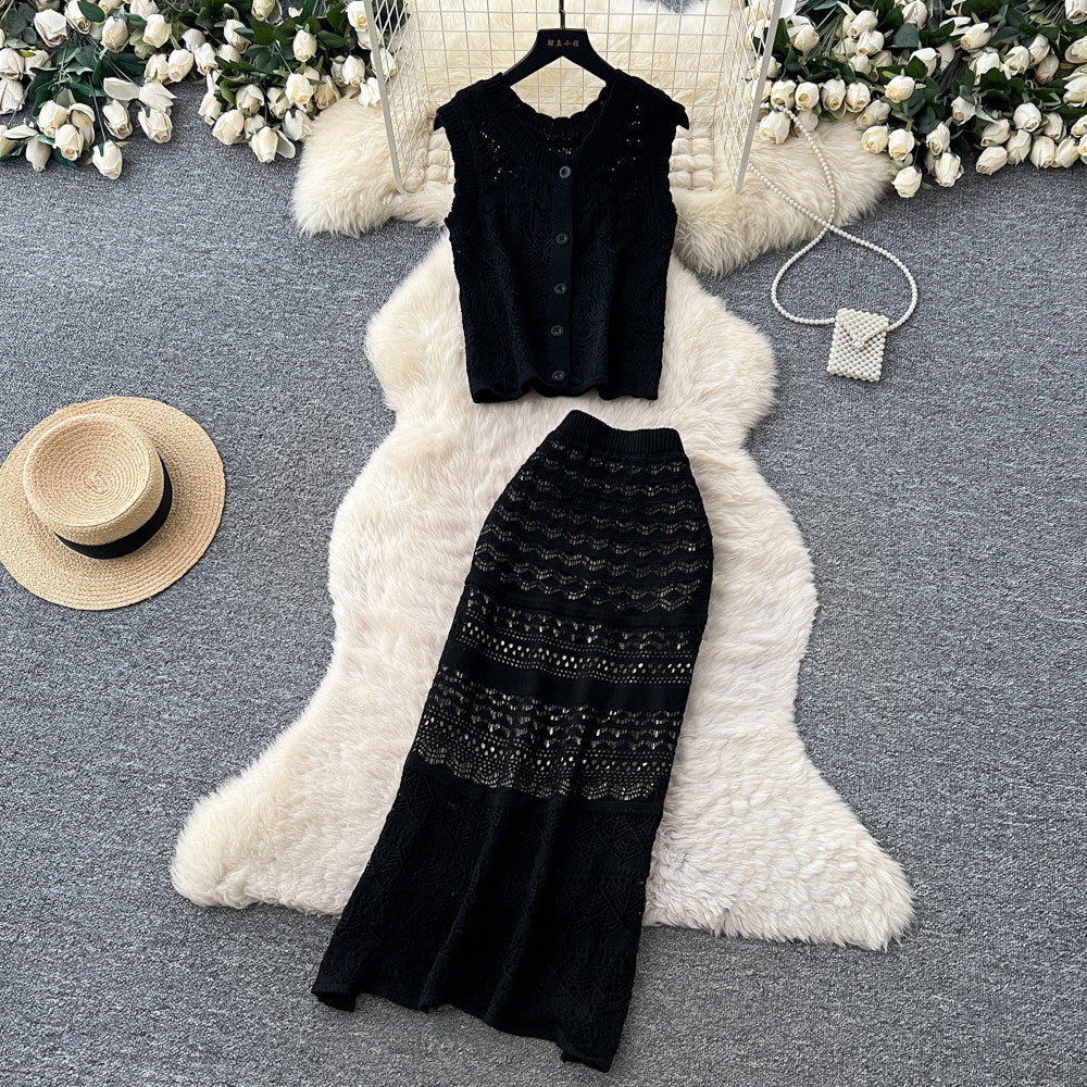 Vacation style cut out silm type lacetwo-piece set women's summerhigh waistslimming look vest skirtelegantsuit