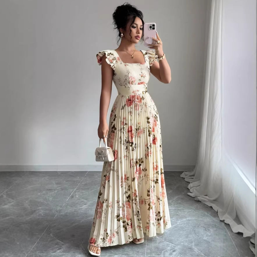 European and american spring/summer floral women's digital print pleated vacation style ruffle waist elegant romantic women's dress