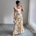 European and american spring/summer floral women's digital print pleated vacation style ruffle waist elegant romantic women's dress