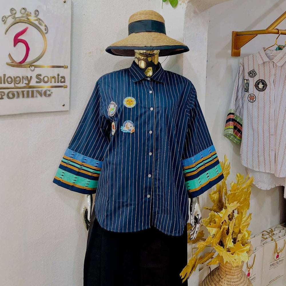European and american cross-border women's fashion:  summer new arrival - stylish and elegant turn-down collar, loose fit, plus size, striped patchwork shirt top
