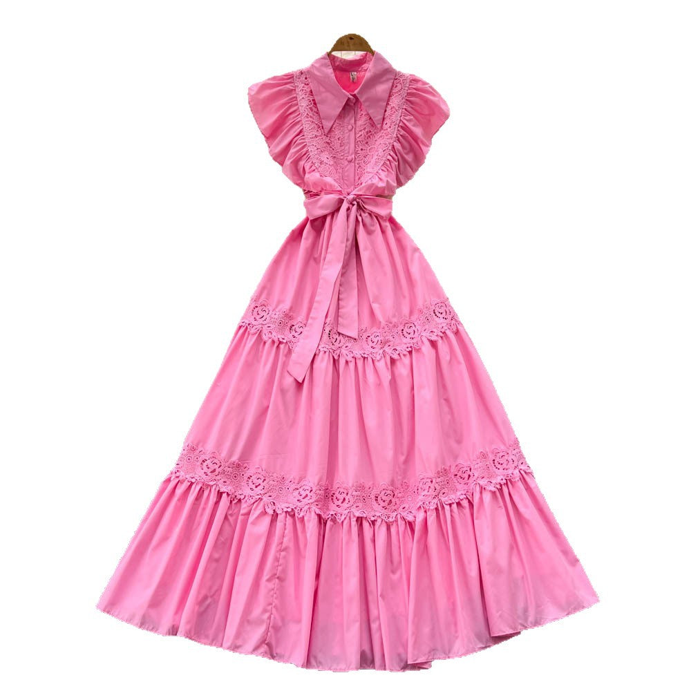 Frencheleganceretrocut outlacepatchwork waist small flying sleeve dress women's slimming lookelegant large swing long skirt
