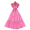 Frencheleganceretrocut outlacepatchwork waist small flying sleeve dress women's slimming lookelegant large swing long skirt