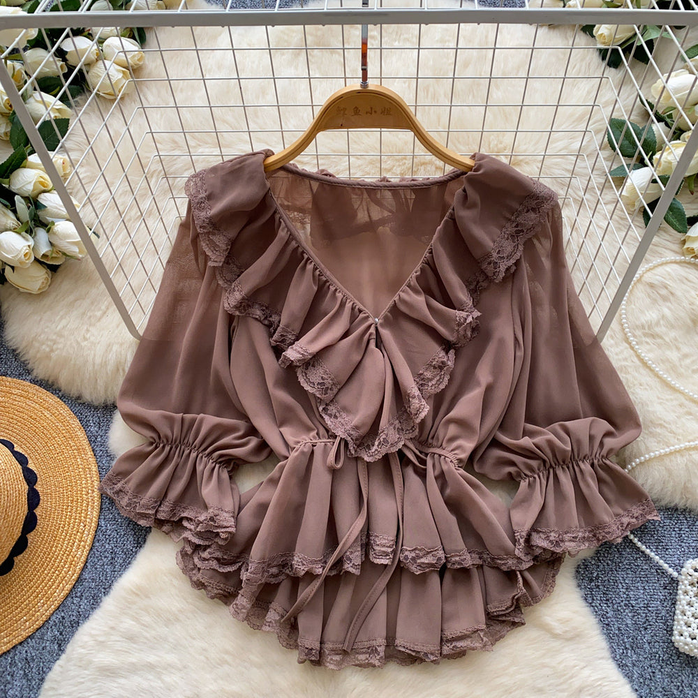 French chic v-neck lace ruffle blouse - women's summer long sleeve tie-waist slimming elegant top