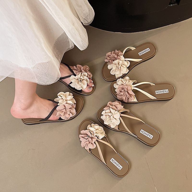 New floral fairy style french open-toe slides for women - 2025 summer beach vacation chic sandals