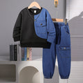 children's autumn and winter denim suit black round neck denim patchwork sweatshirt + denim pants suittwo-piece set