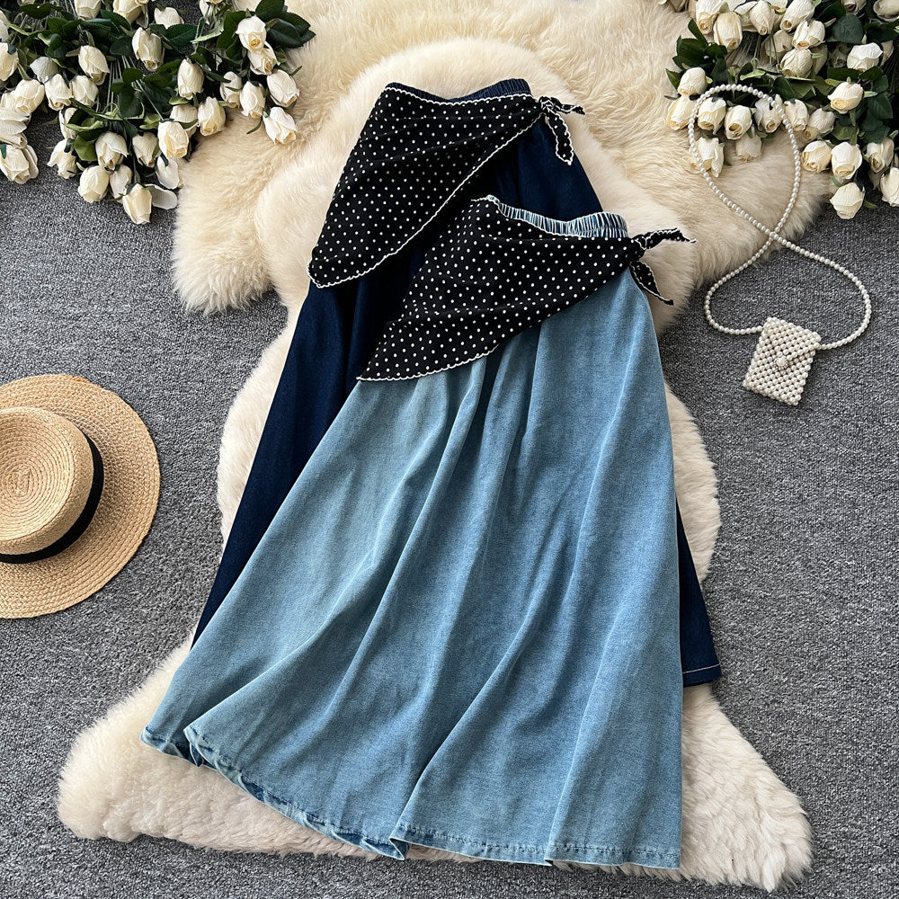 K-style light mature style polka dot silk scarf a-line skirt women's summercasualslimming look denim patchwork mid-length skirt work clothing