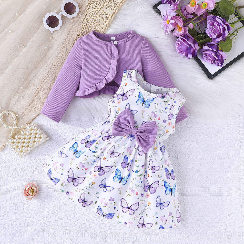 foreign trade exclusive solid color shrug and sleeveless dress butterfly embellished printed dress set