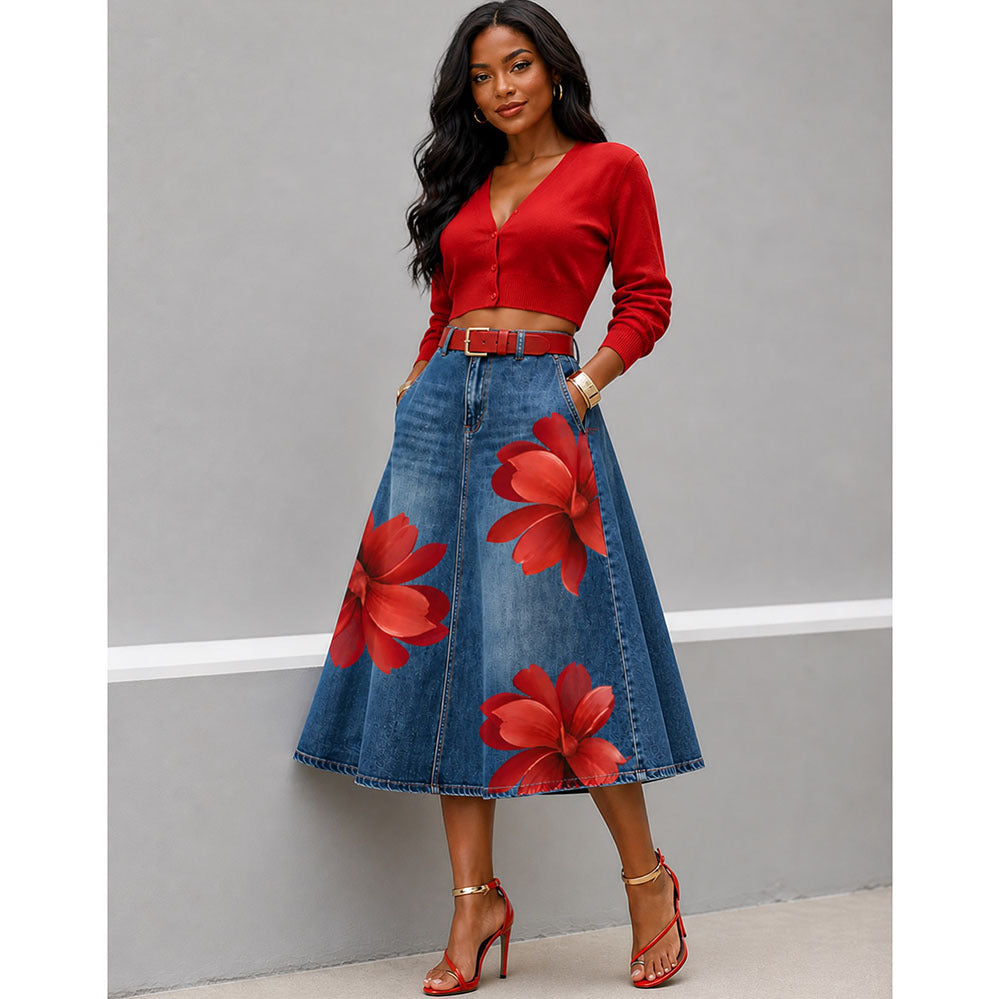 European and american new fashion printed denim skirt -  cross-border summer women's streetwear washed floral high-waisted midi skirt