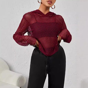 spring/summer cross-border fashion: new european and american  style knitted top - loose fit, hollow-out detail, base layer, hooded women's top