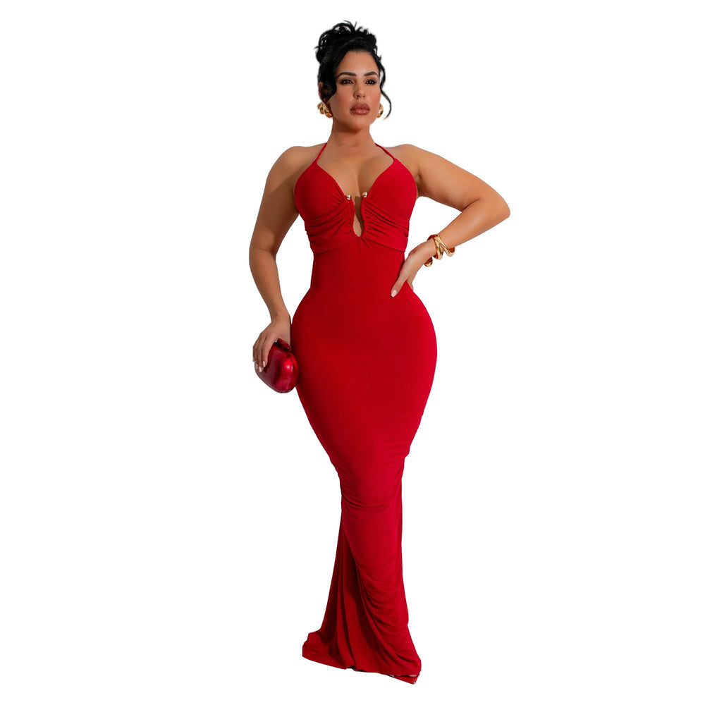 C7116 cross-border   fashion women's sexy slim-fit camisole v-neck backless dress