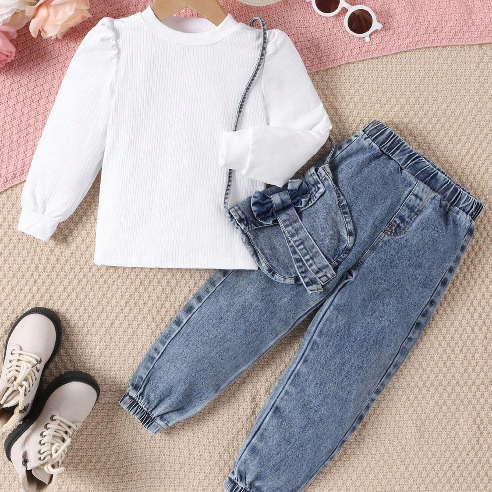 Girls'  autumn/winter new arrival:  bestselling long-sleeve outfit - denim pants + adorable fashion denim bag