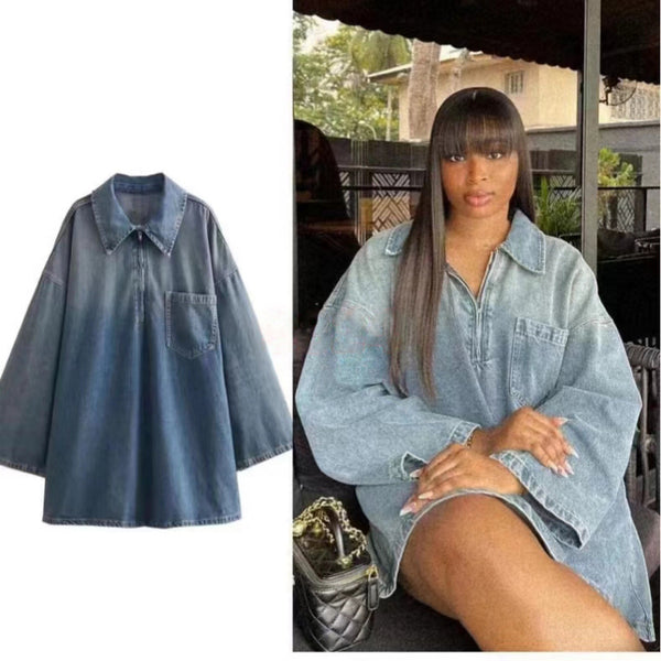 Cross-border Foreign Trade European and American Women's Clothing Summer New Simple Fashion Personality Loose Long Sleeve Denim Dress